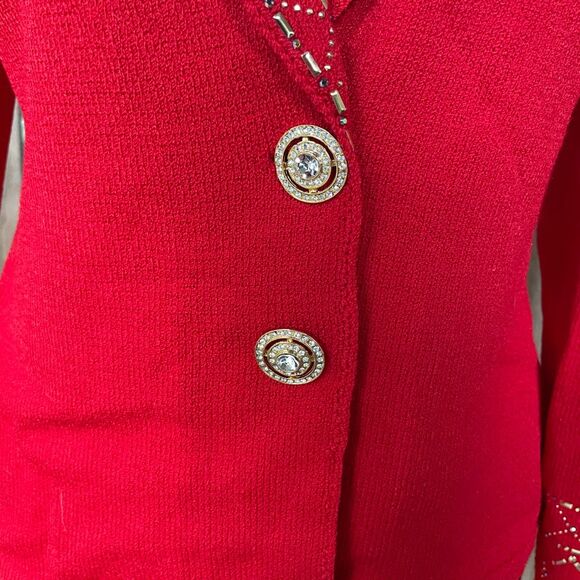 Vintage TOULA SANTANA KNIT Skirt Suit Red Embellished Midi Pencil sz 8 - Picture 3 of 11